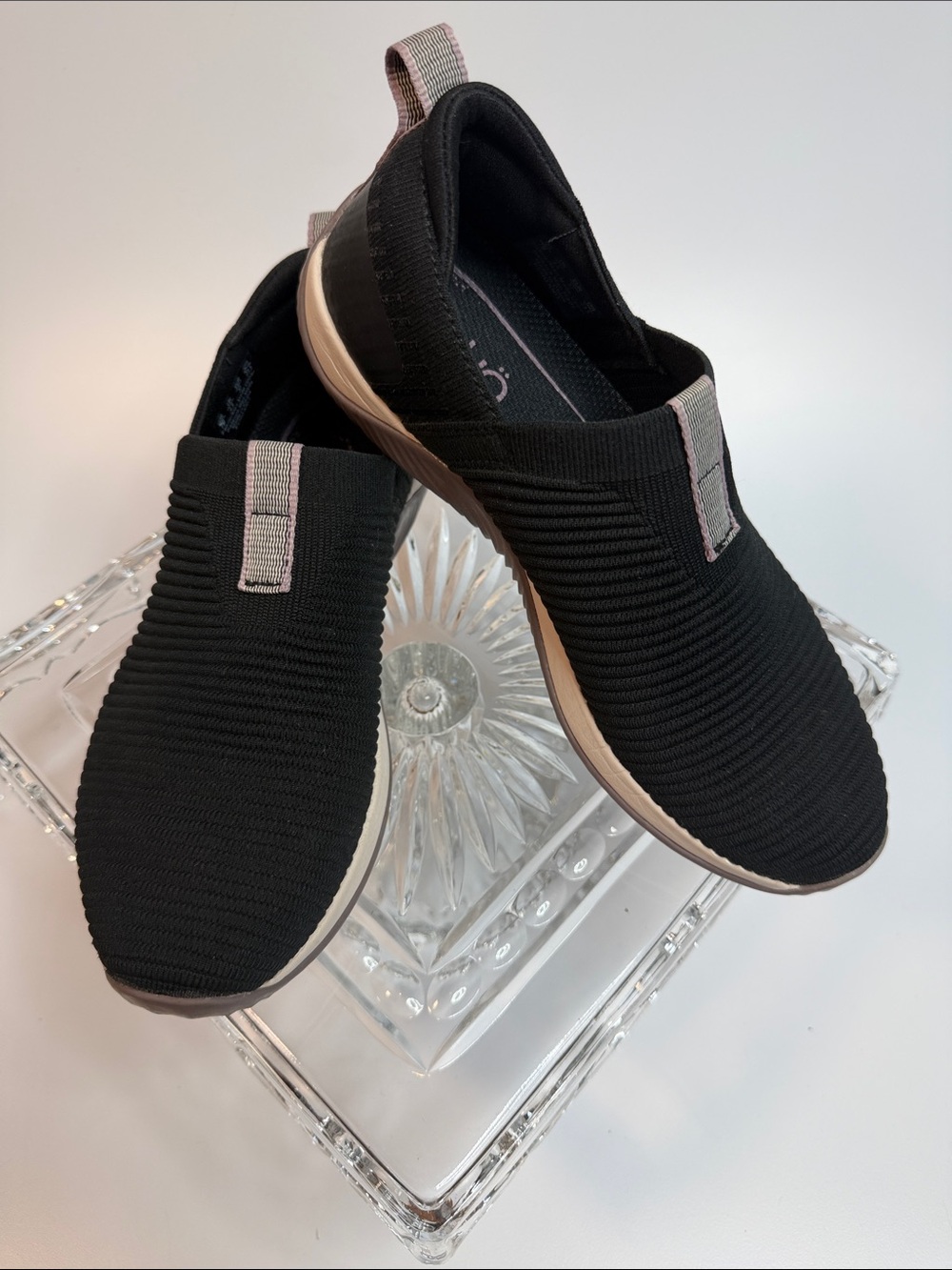 Ryka Black Slip-On Knit Sneakers with Light Pink Accent